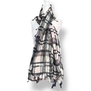 Roxy Neutral Plaid Lightweight Scarf Black Gray Cream Fringe Classic Accessory